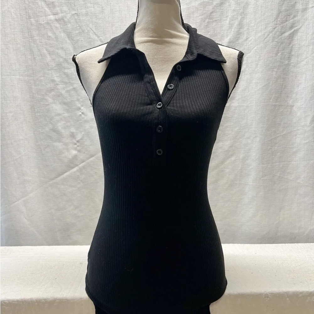 Princess Polly Women’s Black Ribbed Halter Collared Half Button Dress Size 4